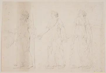 Ato de sacrifício (?) Três figuras ambulantes em vestes gregas. Na frente um homem carregando uma ânfora e um cajado ou tocha, depois duas mulheres