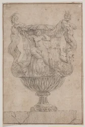 Vaso decorativo com Pan, fauno e ninfa. Copie após Pl. 14 no conjunto de vasos desenhado por Saly em 1746. "Vasa a se inventar..."