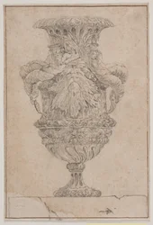Vaso ornamental com cabeça grande, deus do mar e ninfa da água. Copie após Pl. 26 no conjunto de vasos desenhado por Saly em 1746. "Vasa a se inventar..."