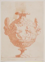 Vaso decorativo com duas cabeças e dois putti. Copie de acordo com pl. 19 no conjunto de vasos desenhado por Saly em 1746. "Vasa a se inventar..."