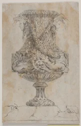 Vaso decorativo com duas cabeças e duas ninfas de água. Copie após Pl. 20 no conjunto de vasos desenhado por Saly em 1746. "Vasa a se inventar..."