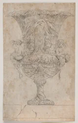 Vaso decorativo com dois putti (sereias?). Copie após a edição (pl. 9) no conjunto de vasos desenhados por Saly em 1746. "Vasa a se inventar..."