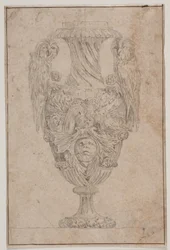 Vaso decorativo com duas corujas e uma cabeça. Copie após Pl. 15 no conjunto de vasos desenhados por Saly em 1746, "Vasa a se inventa..."