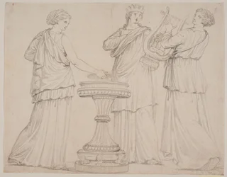 Três mulheres em vestes gregas em um altar. A mulher t.v. com um comprimido (?), no centro com uma coroa, t.h. com uma lira (terpsicore?)