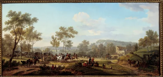 Uma corrida nas proximidades de Longchamps Attelages e cavaleiros na zona rural parisiense. Pintura de Jacques Francois Joseph Swebach Dit Fontaine (ou Desfontaines