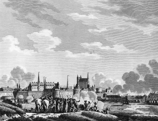 Revolução Francesa: Ataque de Nantes pelos Vendeens a 29 de Junho de 1793. Gravura de Berthaut depois de Swebach Paris, Biblioteca do Instituto de História da Revolução