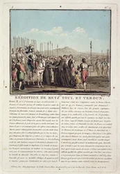 Henri II (1519-59) recebe as chaves de Metz, Toul e Verdun (1552), gravadas por Jean Baptiste Morret (fl.1790-1820), 1790 (litografia colorida)