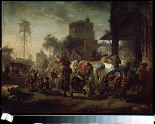A feira de cavalos (Uma feira de cavalos). Pintura de Jacques-François (Jacques Francois) Joseph Swebach (1769-1823). Óleo sobre tela, 24 x 42 cm