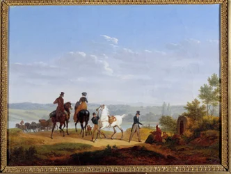 Paisagem com figuras e pinturas de cavaleiros de Jacques Francois Joseph Swebach