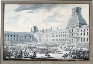 Revue des troupes de Napoleão Bonaparte (1769-1821) no Tuileries Engraving de Jacques Swebach dit Fontaine (1769-1823) Paris do século XIX, Musee Carnavalet