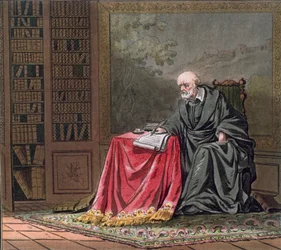 O Chanceler, Michel de l&39;Hopital (c.1503-73) Compõe o Édito de Romorantin, gravado por Jean Baptiste Morret (fl. 1790-1820) 1789