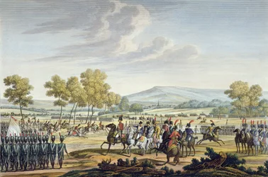 A Guarda Imperial Manobrando na Presença dos Dois Imperadores em Tilsit, 28 de junho de 1807, gravada por Edme Bovinet (1767-1832) (aquatint)
