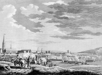 Guerra da Revolução Francesa e movimentos anti-revolucionários: A vitória francesa da Batalha de Hondschoote, perto de Dunquerque, contra as tropas anti-revolucionárias britânicas e austríacas em 1793. Gravação por Berthaut depois de Swebach. Paris, Biblio