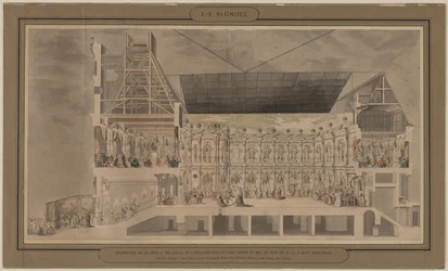 Corte transversal do Hôtel de Ville visto em perspetiva, mostrando a decoração e a iluminação do pátio e das salas criadas por ocasião do baile realizado na noite de 30 para 31 de agosto de 1739