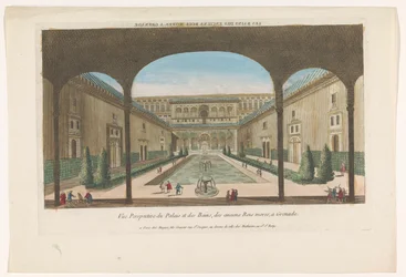 Vista de um pátio com fontes da Alhambra em Granada Les bains des enciens rois Mores, a Grenade (título no objeto)