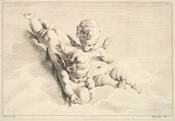 Dois cupidos, um segurando uma bola, meados do século XVIII.