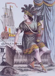 Página de título da Enciclopédia das Viagens de Jacques Grasset de Saint-Sauveur, que retrata uma alegoria da América