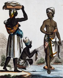 Lavadeiras de Santo Domingo, gravura colorida de um desenho de Labrousse (ativo 1796), de Encyclopedie des Voyages, de Jacques Grasset de Saint-Sauveur (1757-1810)