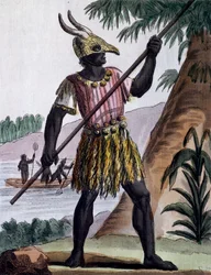 Barra para circuncisões na ilha de Goree, Senegal, gravura a cores a partir de desenho de Labrousse (ativo em 1796), de Encyclopedia of voyages, de Jacques Grasset de Saint-Sauveur (1757-1810)
