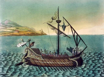 Duilius Corvus (dispositivo de embarque) no navio de guerra da galé romana, de Jacques Grasset de Saint-Sauveur (1757-1810), gravura da Roma Antiga
