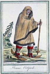 Ostyack man on skis - in "Encyclopédie des voyages" de Grasset Saint Sauveur, ed. Paris 1796