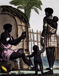 Issinia mulheres trabalhando arroz, gravura colorida de desenho de Labrousse (ativo 1796), da Enciclopédia das viagens, de Jacques Grasset de Saint-Sauveur (1757-1810)