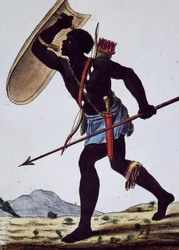 Juida warrior, África, gravura da Enciclopédia das Viagens