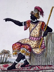 Rei de Loango, gravura a cores do desenho de Labrousse (activo 1796), da Enciclopédia das Viagens, de Jacques Grasset de Saint-Sauveur (1757-1810)