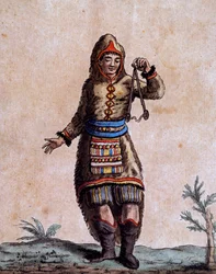 Mulher de Hudson Bay em traje tradicional, gravura colorida por Laroque, da Enciclopédia das Viagens, de Jacques Grasset de Saint-Sauveur (1757-1810)