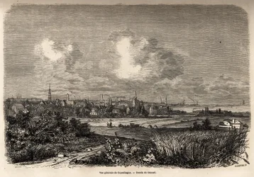 Vista geral de Copenhaga, desenho de Jacques Guiaud (1810-1876), para ilustrar a viagem de J.M.Dargaud à Dinamarca (1800-1860), em 1860. Gravura em "Le tour du monde", editado por Edouard Charton