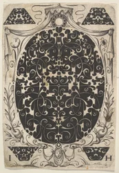 Pingente Oval Decorado com Schweifwerk, Rodeado por Motivos Menores e Coroado b..., ca. 1614-19.