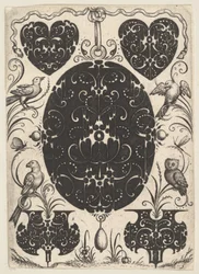 Pingente Oval Decorado com Schweifwerk, Rodeado de Motivos Menores e Quatro Pássaros, ca. 1614-19.