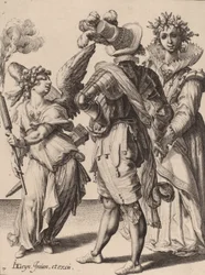 Um Cupido de Olhos Vendados Segurando uma Tocha Antes de um Casal, atribuído a Zacharias Dolendo, 1595-6 (gravura sobre papel avergoado)