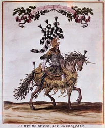 Manuscrito do Carrossel 1662. O Duque de Guise no Rei americano, participando do Carrossel de 1662 (festa realizada em Paris sob o reinado de Luís XIV). Ilustração de Jacques I Bailly (1629 - 1679).