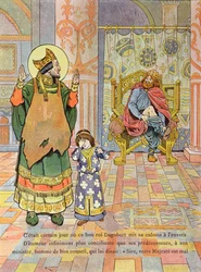 O rei Dagoberto I (c. 603-39) a vestir as calças ao contrário, ilustração de «France, Son Histoire», de G. Montorgueil, c. 1910