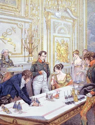 Napoleão (1769-1821) e a sua mulher Josefina (1763-1814) a preparar a coroação, ilustração de «Bonaparte» de G. Montorgueil, 1910