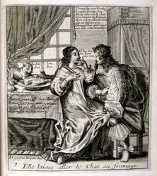 Ilustração gravada do século XVII de uma coleção de provérbios. Paris 1657-1663. De Jacques Lagniet (1620-1675). Gravador francês. Dele saíram muitas gravuras de crítica social e imagens de escárnio, como as suas ilustrações por vezes grotescas e fantástic