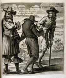 Ilustração gravada do século XVII de uma coleção de provérbios. Paris 1657-1663. De Jacques Lagniet (1620-1675). Gravador francês. Dele saíram muitas gravuras de crítica social e imagens de escárnio, como as suas ilustrações por vezes grotescas e fantástic