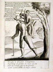 Ilustração gravada do século XVII de uma coleção de provérbios. Paris 1657-1663. De Jacques Lagniet (1620-1675). Gravador francês. Dele saíram muitas gravuras de crítica social e imagens de escárnio, como as suas ilustrações por vezes grotescas e fantástic