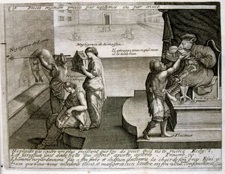 Ilustração gravada do século XVII de uma coleção de provérbios. Paris 1657-1663. De Jacques Lagniet (1620-1675). Gravador francês. Dele saíram muitas gravuras de crítica social e imagens de escárnio, como as suas ilustrações por vezes grotescas e fantástic