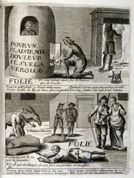 Ilustração gravada do século XVII de uma coleção de provérbios. Paris 1657-1663. De Jacques Lagniet (1620-1675). Gravador francês. Dele saíram muitas gravuras de crítica social e imagens de escárnio, como as suas ilustrações por vezes grotescas e fantástic