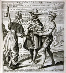 Ilustração gravada do século XVII de uma coleção de provérbios. Paris 1657-1663. De Jacques Lagniet (1620-1675). Gravador francês. Dele saíram muitas gravuras de crítica social e imagens de escárnio, como as suas ilustrações por vezes grotescas e fantástic