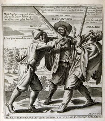 Ilustração gravada do século XVII de uma coleção de provérbios. Paris 1657-1663. De Jacques Lagniet (1620-1675). Gravador francês. Dele saíram muitas gravuras de crítica social e imagens de escárnio, como as suas ilustrações por vezes grotescas e fantástic