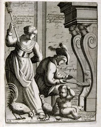Ilustração gravada do século XVII de uma coleção de provérbios. Paris 1657-1663. De Jacques Lagniet (1620-1675). Gravador francês. Dele saíram muitas gravuras de crítica social e imagens de escárnio, como as suas ilustrações por vezes grotescas e fantástic