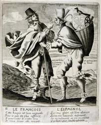 Ilustração gravada do século XVII de uma coleção de provérbios. Paris 1657-1663. De Jacques Lagniet (1620-1675). Gravador francês. Dele saíram muitas gravuras de crítica social e imagens de escárnio, como as suas ilustrações por vezes grotescas e fantástic