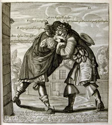 Ilustração gravada do século XVII de uma coleção de provérbios. Paris 1657-1663. De Jacques Lagniet (1620-1675). Gravador francês. Dele saíram muitas gravuras de crítica social e imagens de escárnio, como as suas ilustrações por vezes grotescas e fantástic