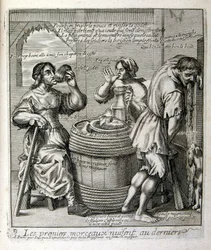 Ilustração gravada do século XVII de uma coleção de provérbios. Paris 1657-1663. De Jacques Lagniet (1620-1675). Gravador francês. Dele saíram muitas gravuras de crítica social e imagens de escárnio, como as suas ilustrações por vezes grotescas e fantástic