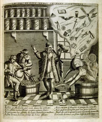 Ilustração gravada do século XVII de uma coleção de provérbios. Paris 1657-1663. De Jacques Lagniet (1620-1675). Gravador francês. Dele saíram muitas gravuras de crítica social e imagens de escárnio, como as suas ilustrações por vezes grotescas e fantástic
