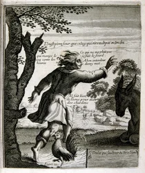 Ilustração gravada do século XVII de uma coleção de provérbios. Paris 1657-1663. De Jacques Lagniet (1620-1675). Gravador francês. Dele saíram muitas gravuras de crítica social e imagens de escárnio, como as suas ilustrações por vezes grotescas e fantástic