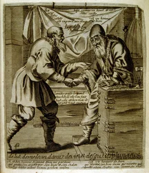 Ilustração gravada do século XVII de uma coleção de provérbios. Paris 1657-1663. De Jacques Lagniet (1620-1675). Gravador francês. Dele saíram muitas gravuras de crítica social e imagens de escárnio, como as suas ilustrações por vezes grotescas e fantástic